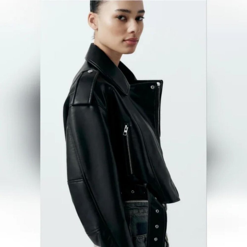 ZARA FAUX LEATHER CROP BIKER JACKET